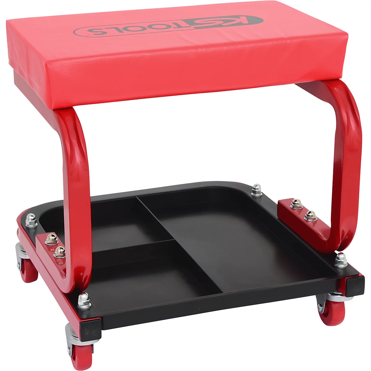 Roter Werkstatthocker mit schwarzer Ablage und Rollen. Oben steht „KS TOOLS“ auf dem Sitz.